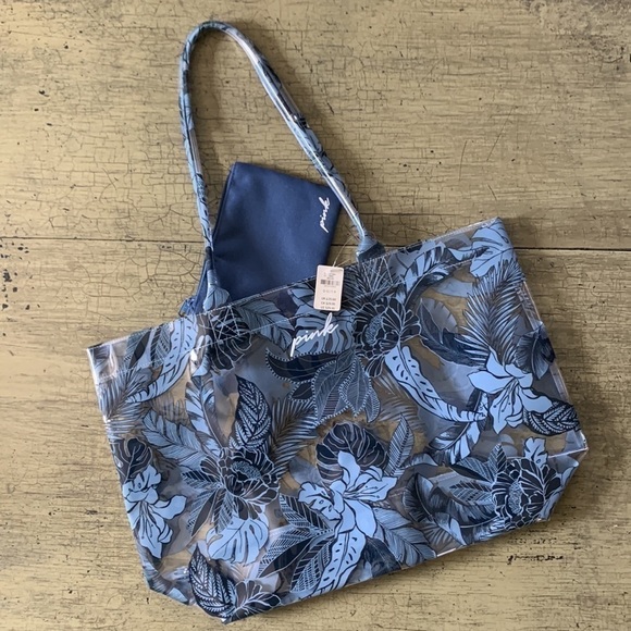 PINK VICTORIAS SECRET Summer Blue Tropical Floral PVC Tote Bag - Picture 2 of 16